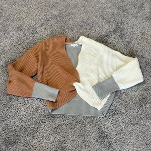 Main Strip Tri-Tone Cardigan in Tan, Gray, and Cream